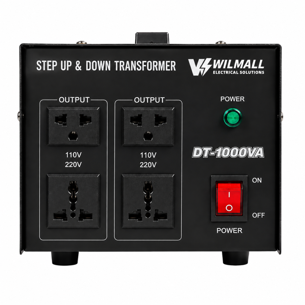 DT-1000VA front panel close-up showing dual 110V/220V universal output sockets and power switch