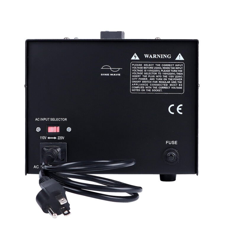 DT-1000VA rear panel showing AC INPUT SELECTOR 110V/220V, CE marking, FUSE holder and warning label