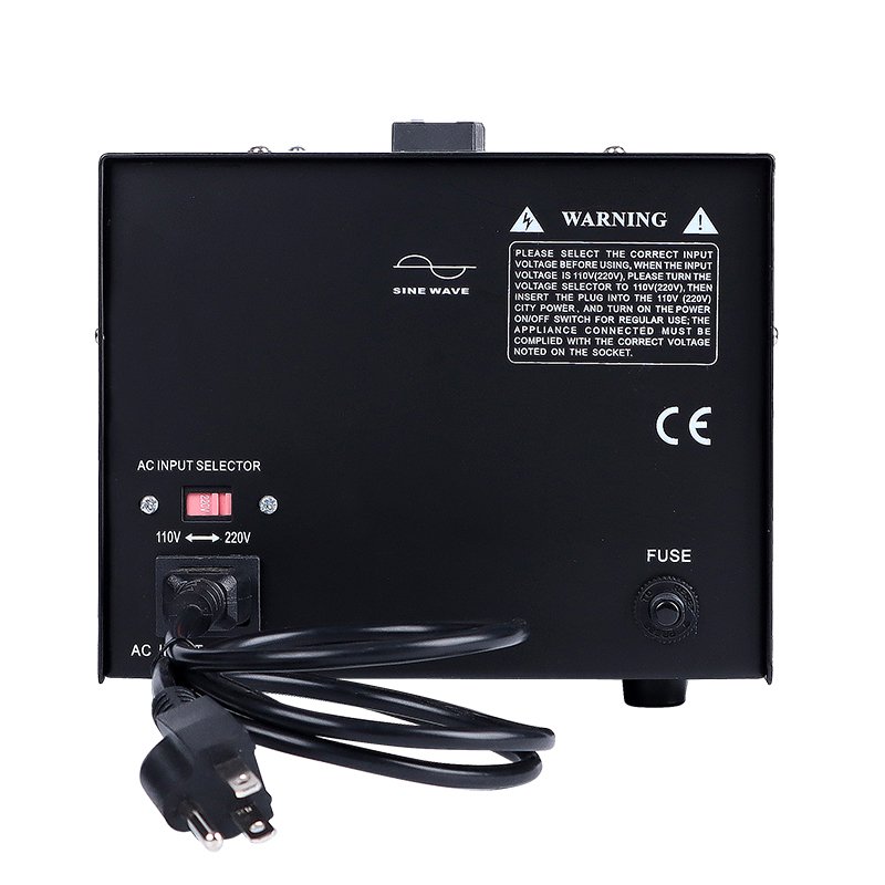 DT-1000VA rear panel showing AC INPUT SELECTOR 110V/220V, CE marking, FUSE holder and warning label