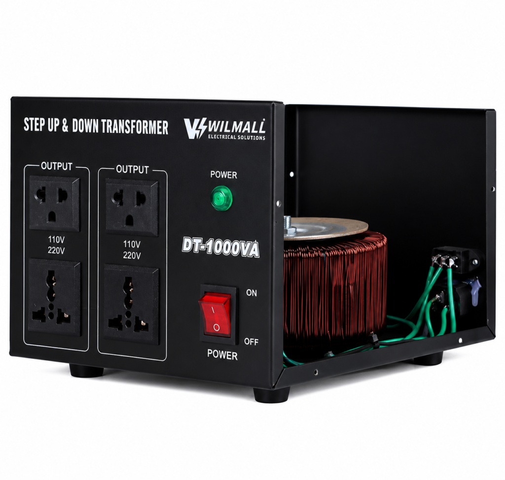 DT-1000VA internal construction showing copper winding coil and silicon steel core in housing