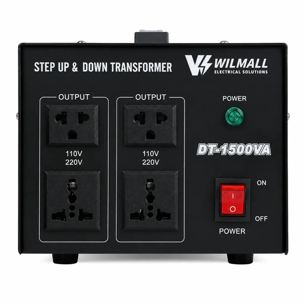 ST-1500 Step Up Transformer front panel dual 110V 220V output sockets and power switch