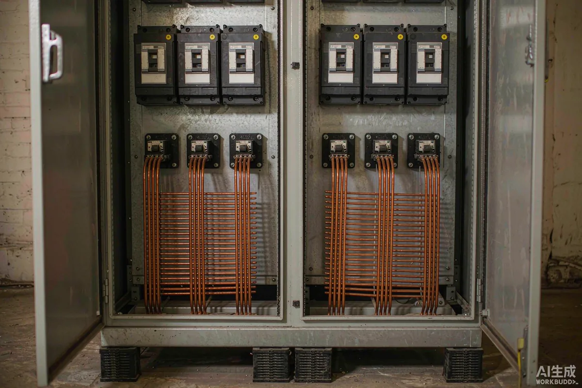 Three phase distribution cabinet with circuit breakers and busbars