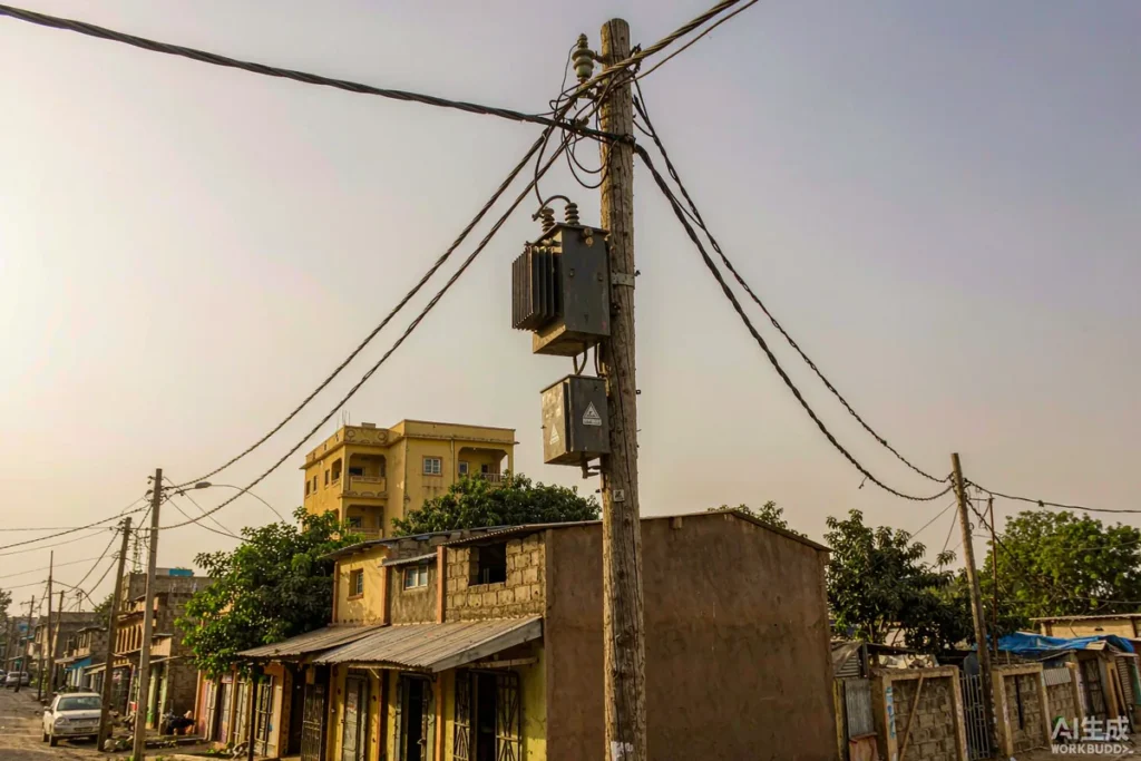 Distribution transformer on power pole in West Africa