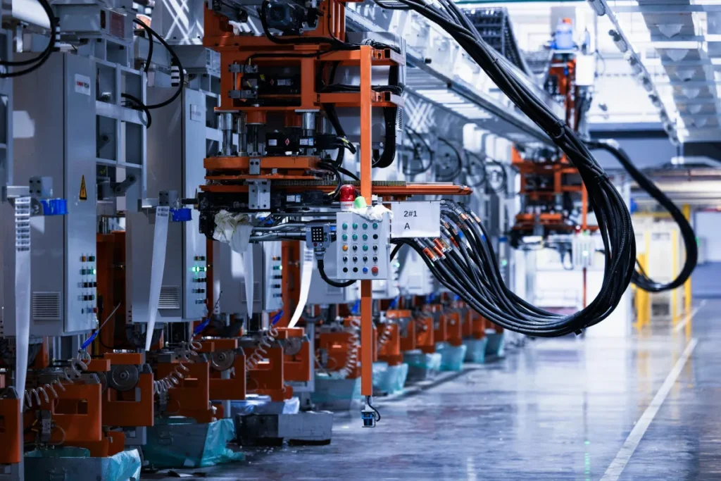 Modern automated production line inside a low-voltage transformer factory