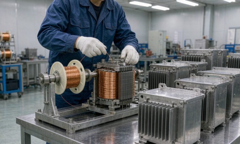 Worker winding copper coils for low voltage landscape lighting transformers in factory