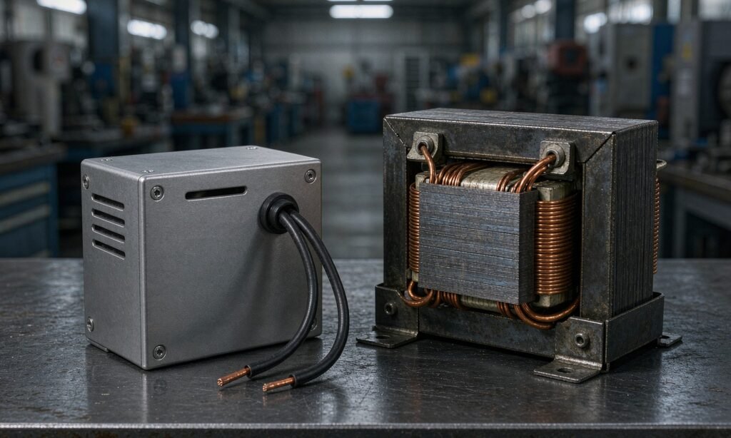 LED driver and low voltage transformer side by side on factory workbench