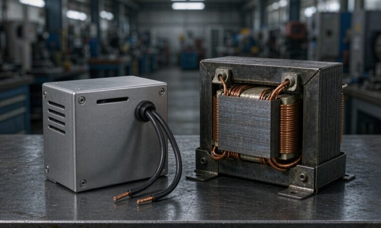LED driver and low voltage transformer side by side on factory workbench