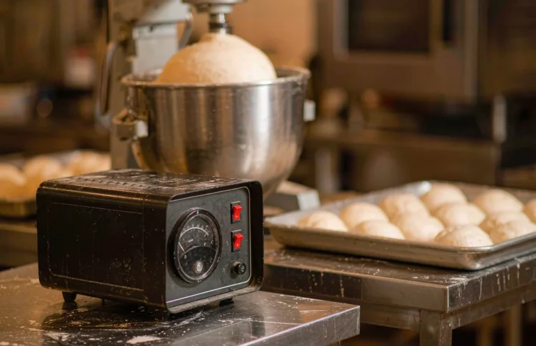 Step down transformer on a bakery work table beside a commercial dough mixer
