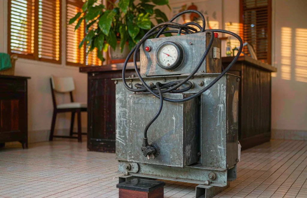 Step down transformer on the floor of a guesthouse lobby in Cambodia