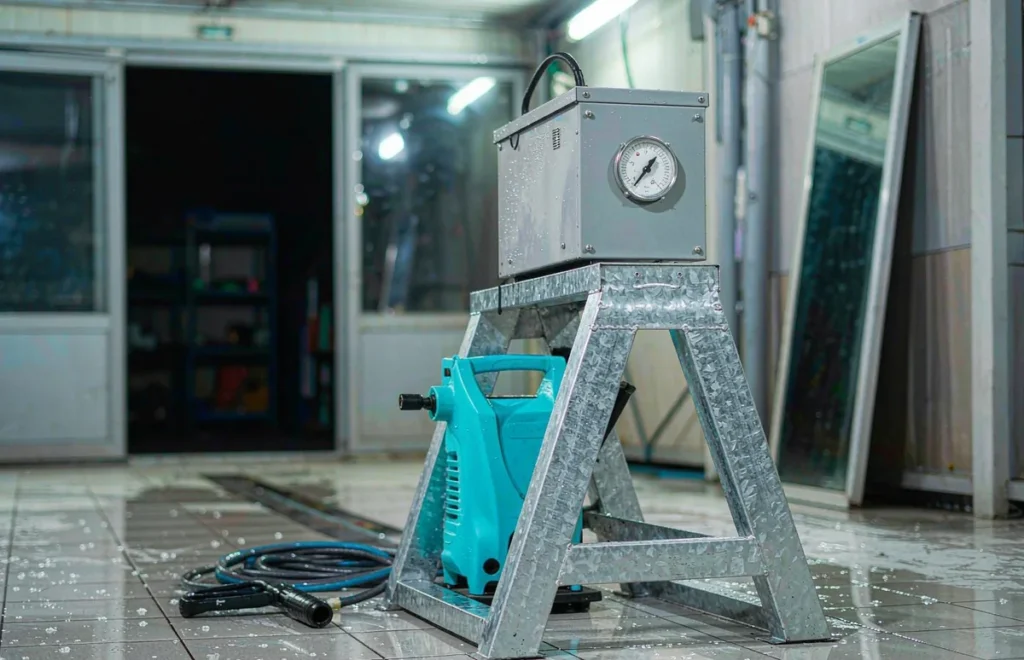 Step down transformer enclosure in a car wash bay beside a high pressure washer