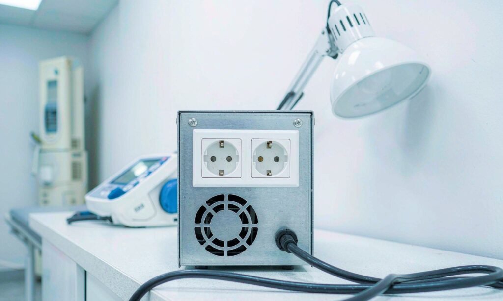 Step down transformer with 110V outlets on a clinic treatment room counter