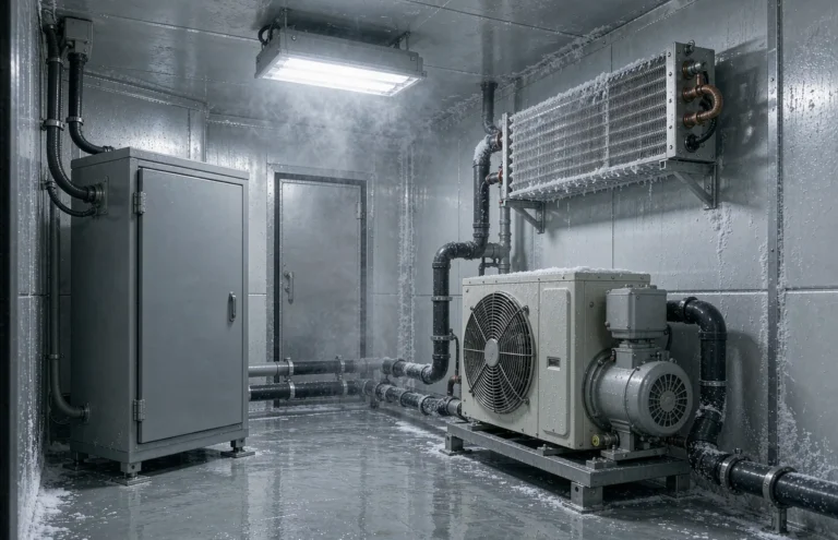 Step down transformer in a cold storage room beside a refrigeration condensing unit