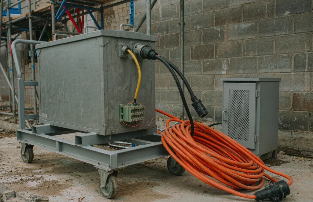 Portable step down transformer on a trolley at a construction site with heavy duty cable