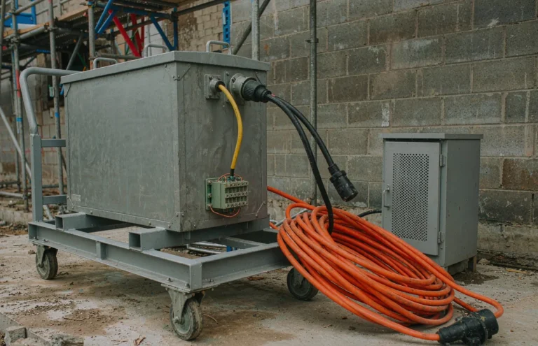 Portable step down transformer on a trolley at a construction site with heavy duty cable