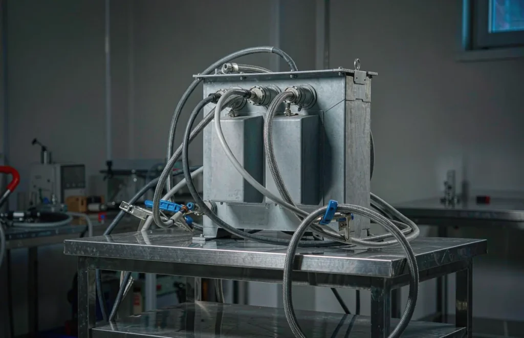Step down transformer on a laboratory bench feeding 110V research instruments