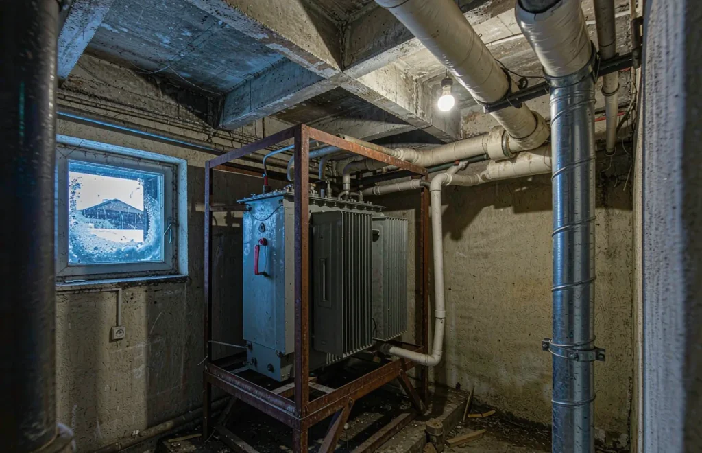 Step down transformer in a cold Ulaanbaatar basement utility room in winter