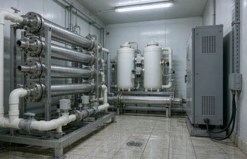 Step down transformer in a water treatment plant room feeding 110V dosing pumps and instruments