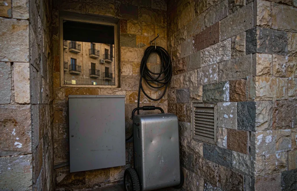 Step down transformer beside a portable generator in a stone walled Yemeni utility room