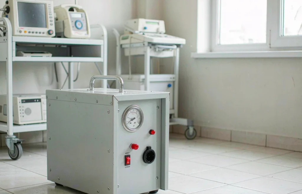 Step down transformer supplying 110V medical equipment in a hospital utility room