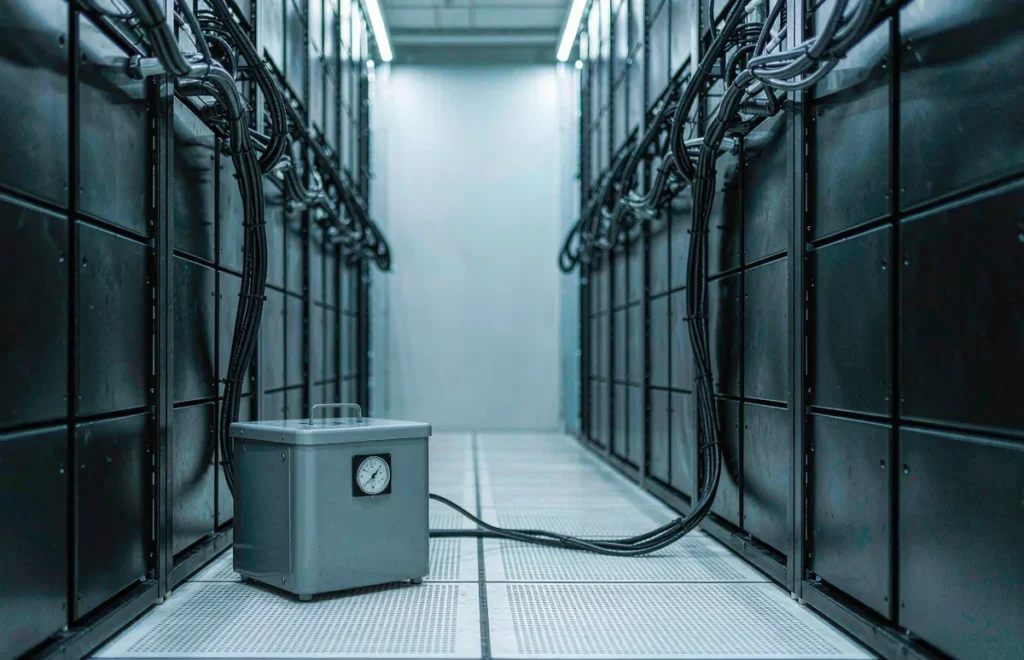 Step down transformer on the floor of a small server room in front of rack cabinets