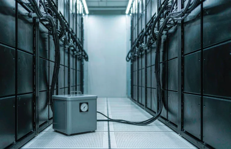 Step down transformer on the floor of a small server room in front of rack cabinets