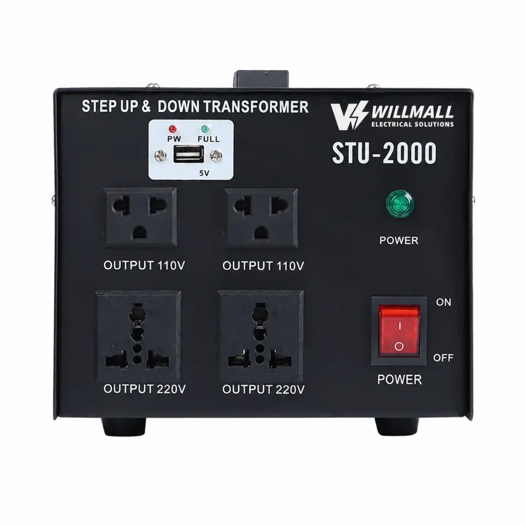Front panel of the STU-2000VA step up transformer with 110V and 220V output sockets and USB port