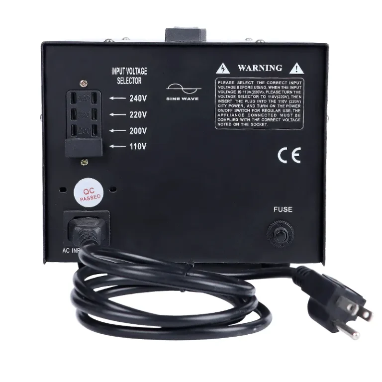 Rear panel of the STU-2000VA transformer with 110V 200V 220V 240V input voltage selector and CE marking