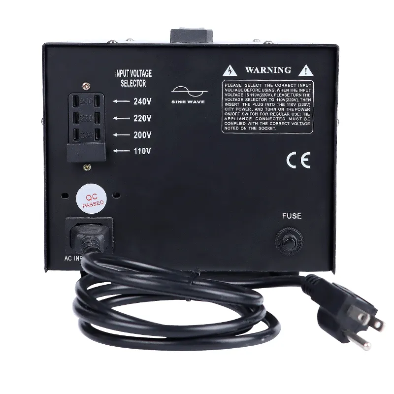 Rear panel of the STU-2000VA transformer with 110V 200V 220V 240V input voltage selector and CE marking