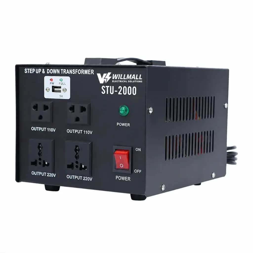 Side view of the STU-2000VA step up and step down transformer showing ventilation slots