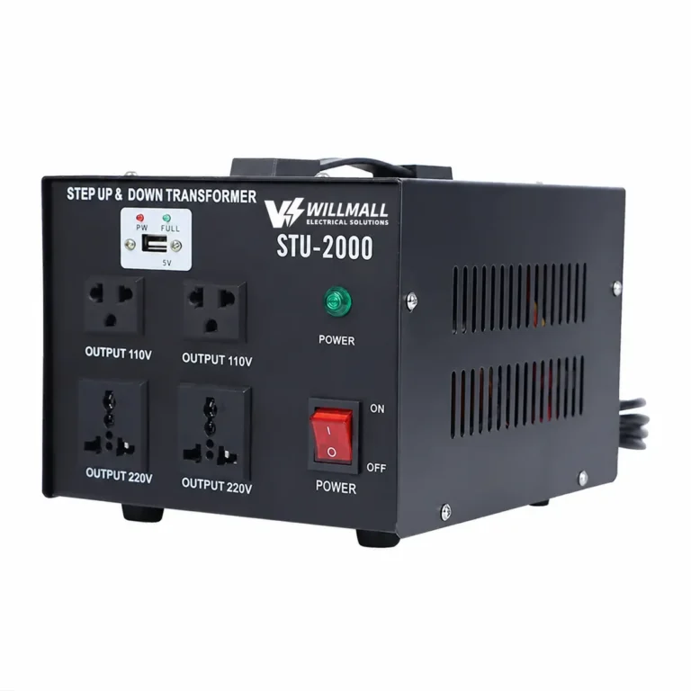 Side view of the STU-2000VA step up and step down transformer showing ventilation slots