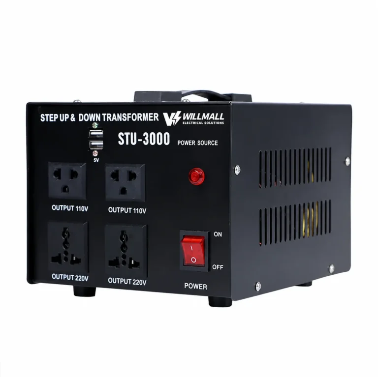 STU-3000VA step up and step down transformer, angle view of the front panel with 110V and 220V outlets