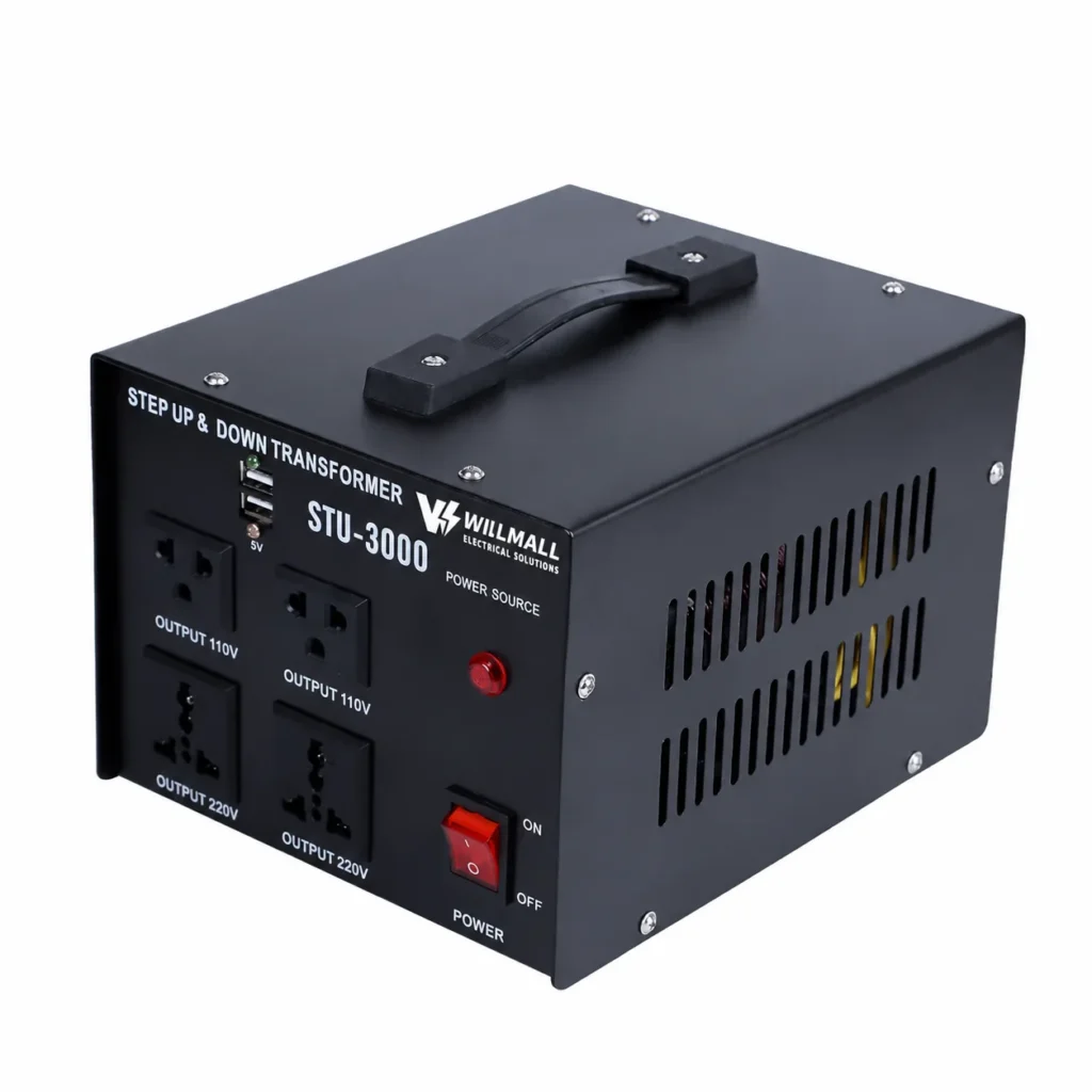 STU-3000VA step up step down transformer, angle view showing ventilation slots and carry handle