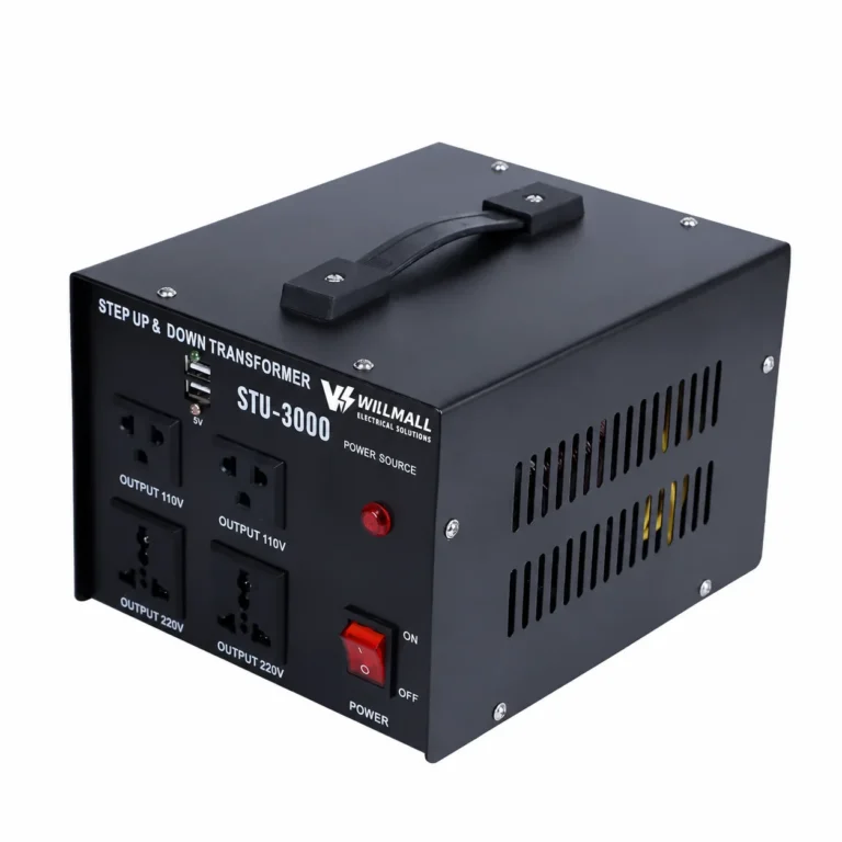 STU-3000VA step up step down transformer, angle view showing ventilation slots and carry handle
