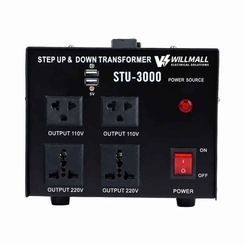 STU-3000VA transformer front panel with four universal sockets, USB ports and power switch