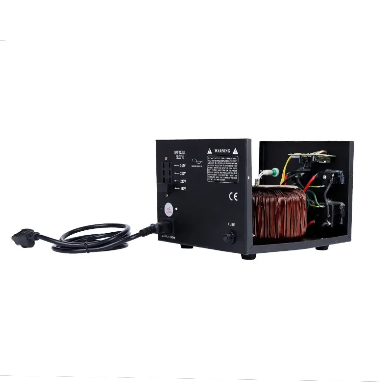 STU-3000VA step up down transformer open case rear view with power cord