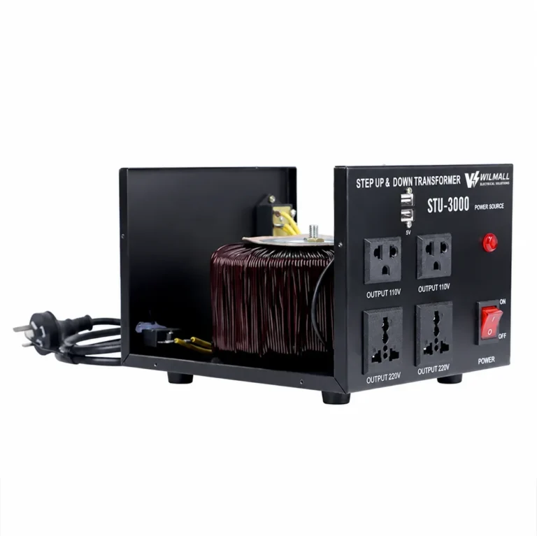 STU-3000VA transformer open case showing toroidal copper winding inside the steel enclosure