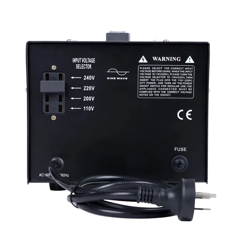 STU-3000VA transformer rear panel with 110V 200V 220V 240V input voltage selector and CE mark