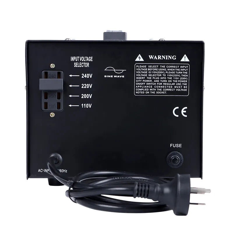 STU-3000VA transformer rear panel with 110V 200V 220V 240V input voltage selector and CE mark