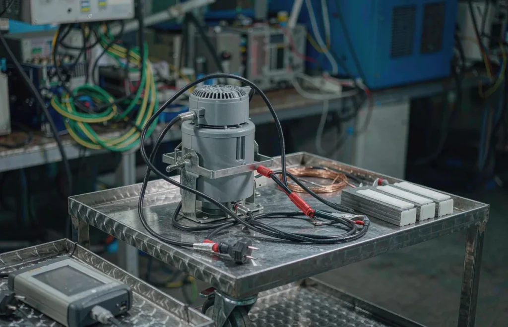 Transformer sample under test on a factory quality control bench before a bulk order