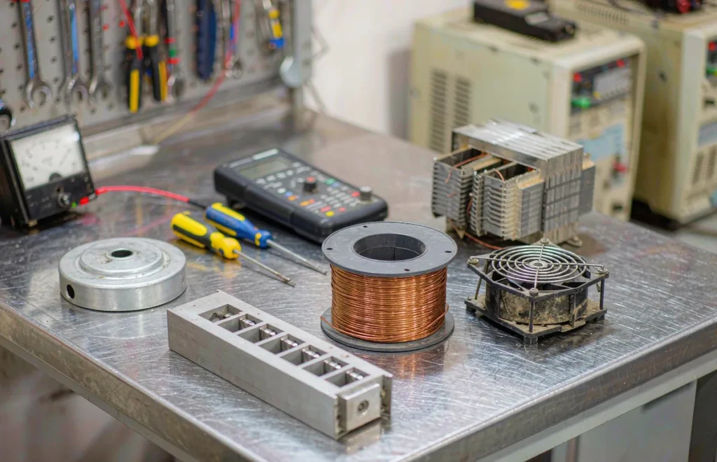 Transformer spare parts and service tools laid out on a warranty repair bench