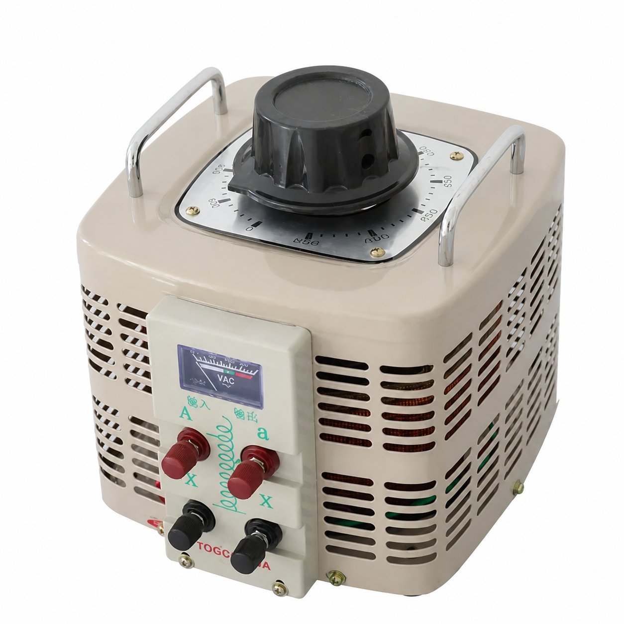 variable transformer with analog voltmeter used to check 110V salon equipment voltage