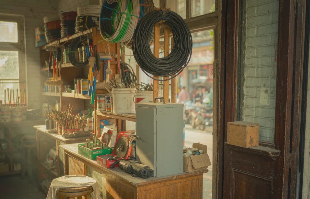 Voltage converter for Zambia on the counter of a hardware shop in Lusaka